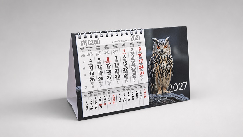 Kalendarz biurkowy na spirali 2027 - widok pod kątem